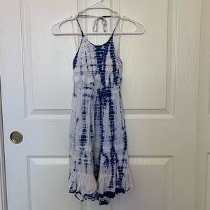 blue and white tie die halter dress